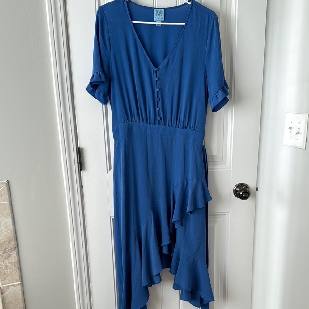 Blue Ruffled V-Neck Dress - Picture 2 of 3
